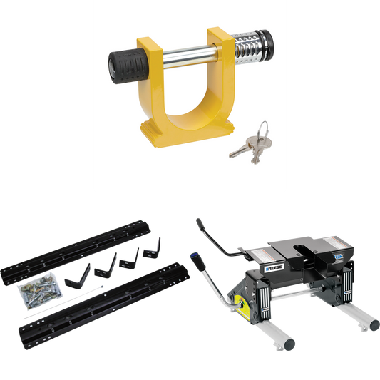 Fits 2007-2016 GMC Sierra 3500 HD Industry Standard Semi-Custom Above Bed Rail Kit + 16K Fifth Wheel + Round Tube Slider + King Pin Lock (For 6-1/2' or Shorter Bed, Except w/OEM HD Towing Prep Package, w/o Factory Puck System Models) By Reese